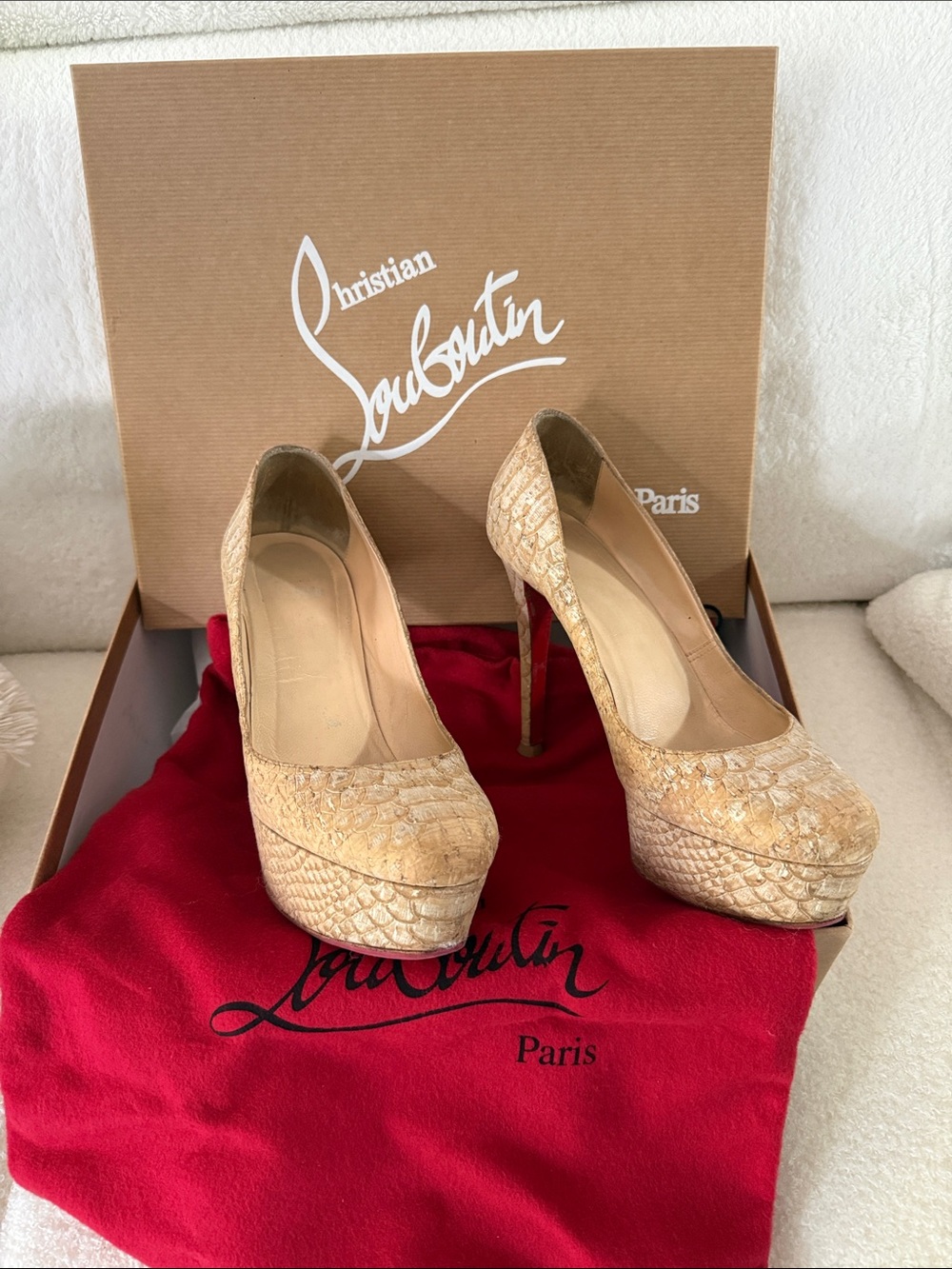 Christian Louboutin Gold Beige Snakeskin Platform Pumps